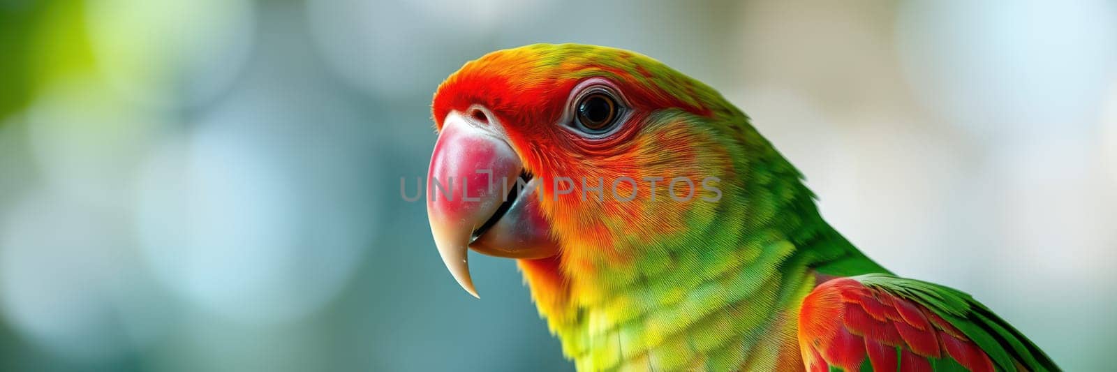 A vibrant parrot with green, yellow, and red feathers rests on a branch in a lush habitat. Sunlight enhances its colorful plumage, showcasing its beauty and detail.