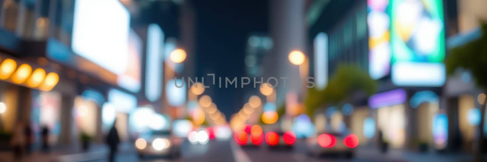 A busy city street illuminated by bright billboards and streetlights. Cars move along the road, reflecting the energetic atmosphere of the nightlife in an urban environment.