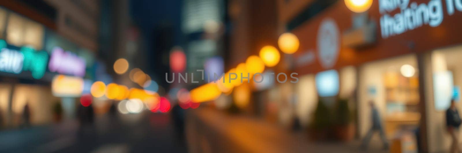 Busy urban street filled with people during nighttime. The scene features bright lights illuminating shops, creating a lively atmosphere in the city.