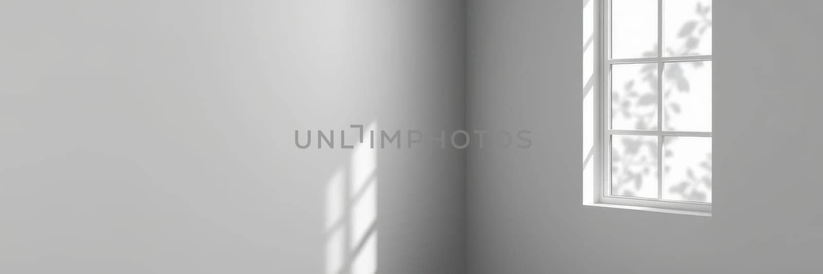 Soft sunlight streams through a window, creating a play of light and shadows in a minimalist room. The light highlights the simplicity and tranquility of the space.