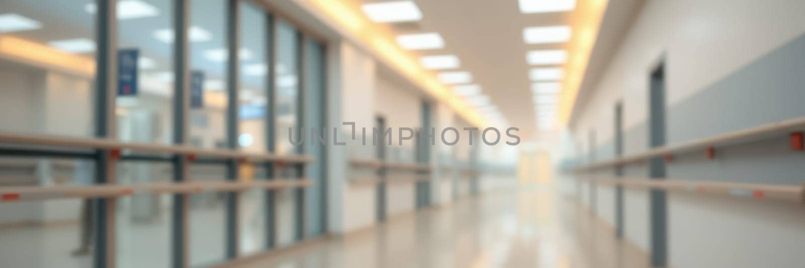 A modern hospital corridor features smooth floors and bright overhead lights, creating a spacious and clean environment. Clear glass doors and walls provide a sense of openness.