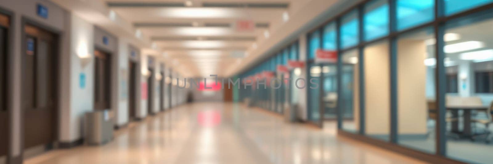 A long corridor featuring modern architecture with glass walls, bright lighting, and a clean aesthetic. Offices are visible on either side, creating an open atmosphere.