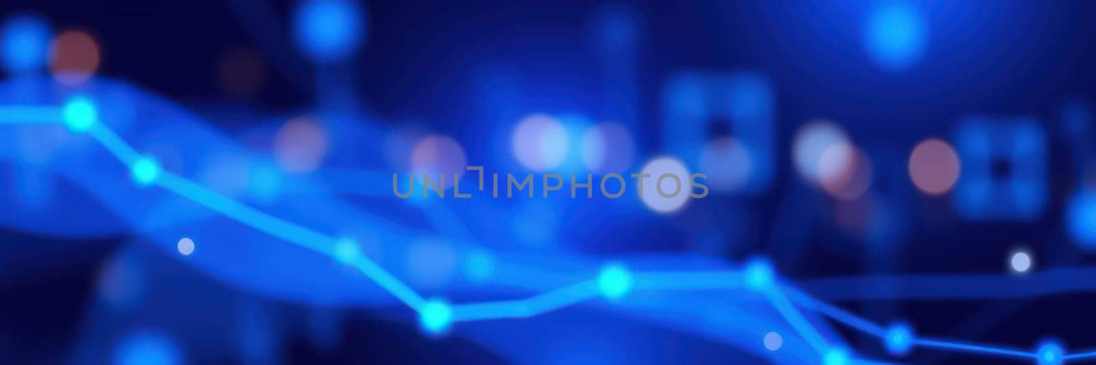 Trends and patterns emerge through vibrant blue lines and dots, highlighting the dynamics of data analytics in a modern digital landscape at night, conveying a sense of technology.