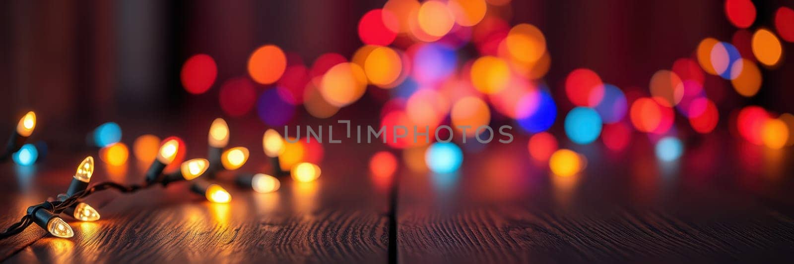 Softly glowing holiday lights illuminate a wooden surface, casting warm colors in a dim room. The vibrant display enhances the inviting ambiance perfect for gatherings.