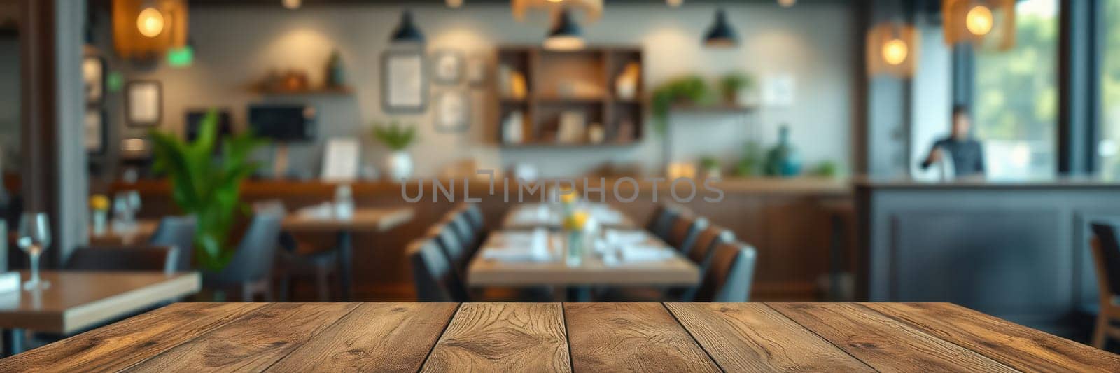 A spacious restaurant features wooden tables set for diners, with soft lighting and plants adding warmth. Staff members prepare for a busy evening ahead.