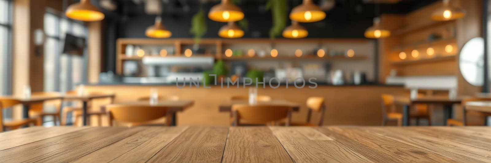 The interior showcases a modern restaurant design with wooden tables, warm lighting from hanging lamps, and a cozy ambiance. Customers enjoy a relaxed dining experience in this inviting space.