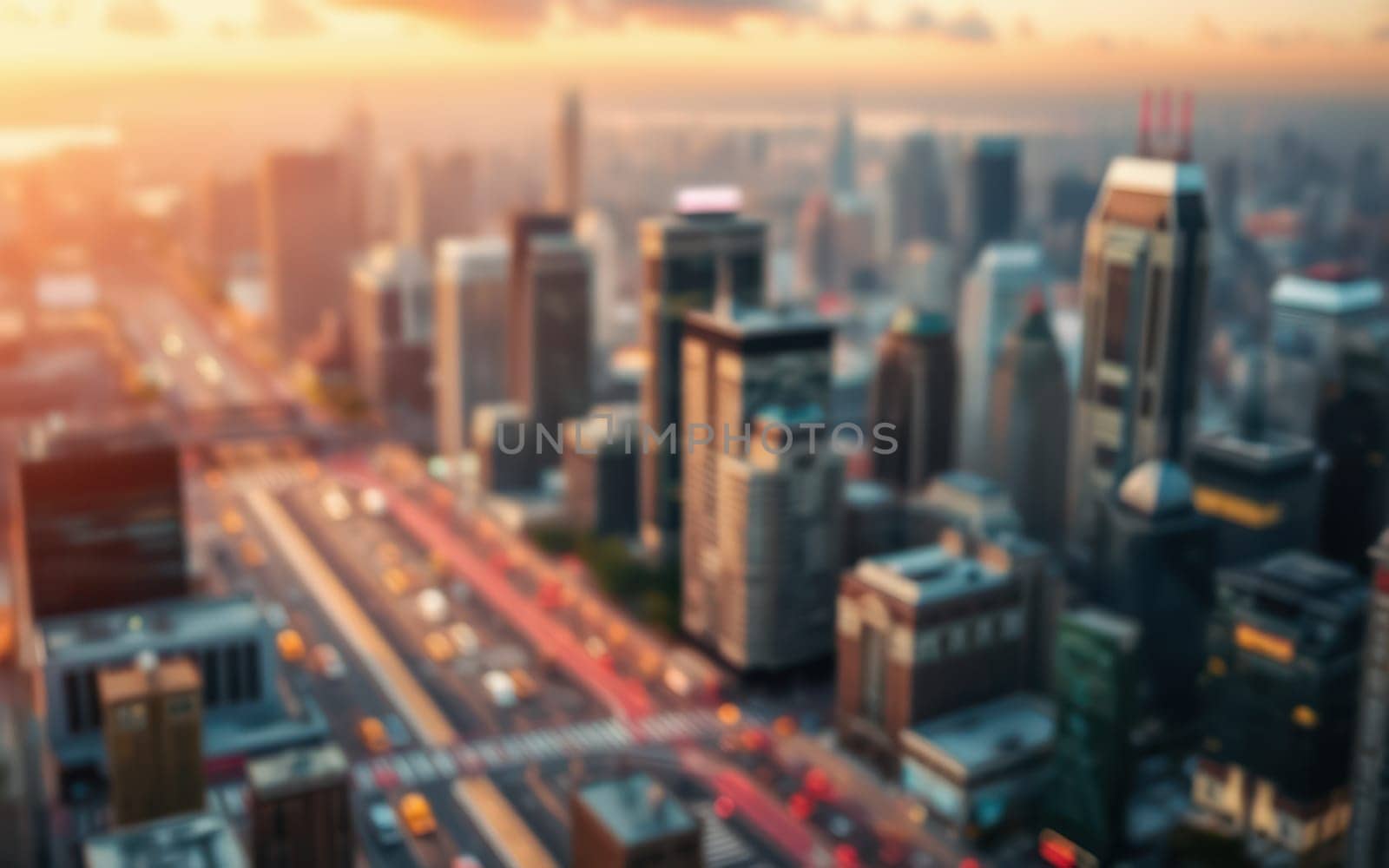 A bustling city skyline captures the essence of urban life as the sun sets, casting vibrant colors across the sky while traffic flows on the busy streets below.
