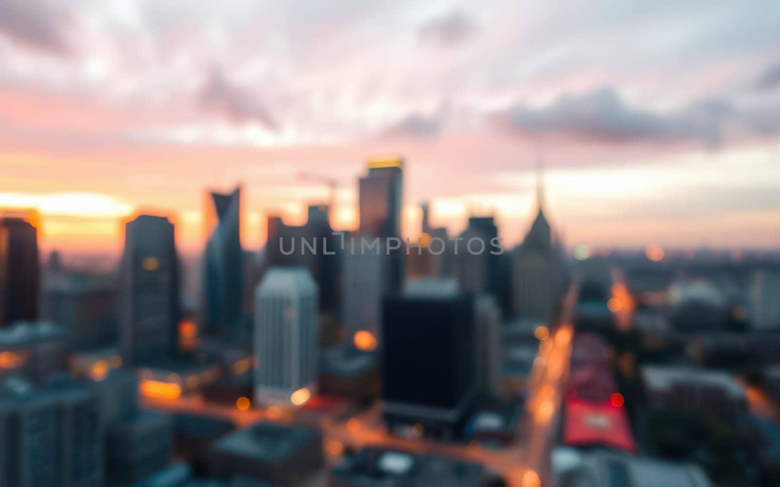 As the sun sets, the skyline of the city transforms with warm colors reflecting off towering buildings. Streets below glow with lights, creating a lively atmosphere in the evening.