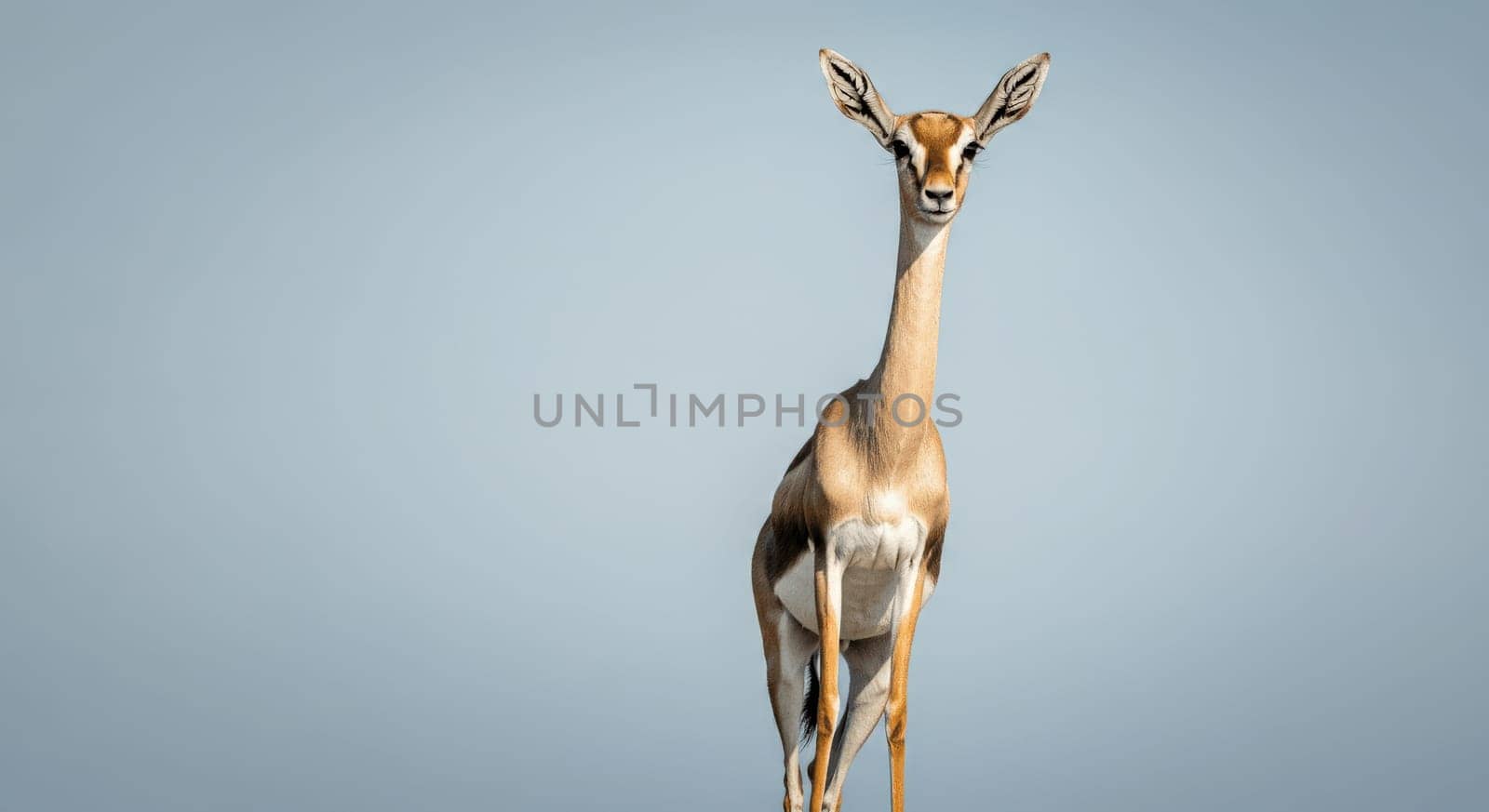 A lone gerenuk antelope stands elegantly against a clear blue sky, showcasing its unique elongated neck and slender physique. the image highlights the animal's distinctive features and serene presence in its natural environment.