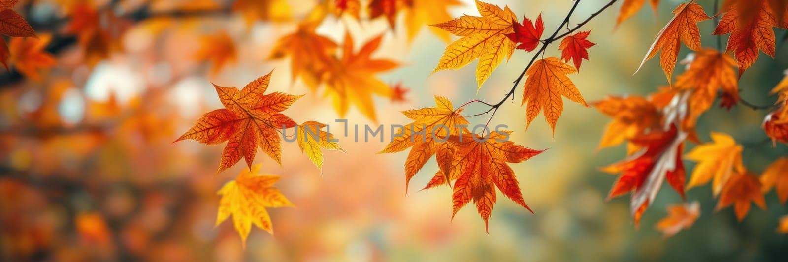Brightly colored autumn leaves hang delicately from branches, illuminated by warm sunlight filtering through trees, creating a serene atmosphere in a forest.