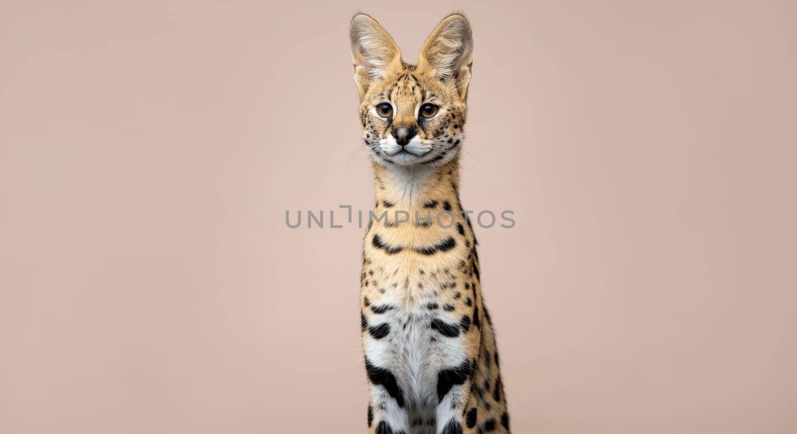 African serval cat with distinctive spotted fur and large ears posed against a neutral backdrop. the portrait highlights the serval's unique features and curious expression, catering to wildlife and feline enthusiasts.