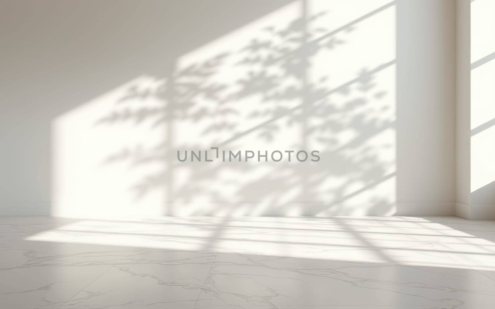 Natural sunlight streams through large windows, creating delicate shadows on the marble floor, enhancing the serene atmosphere of the minimalistic space during the day.