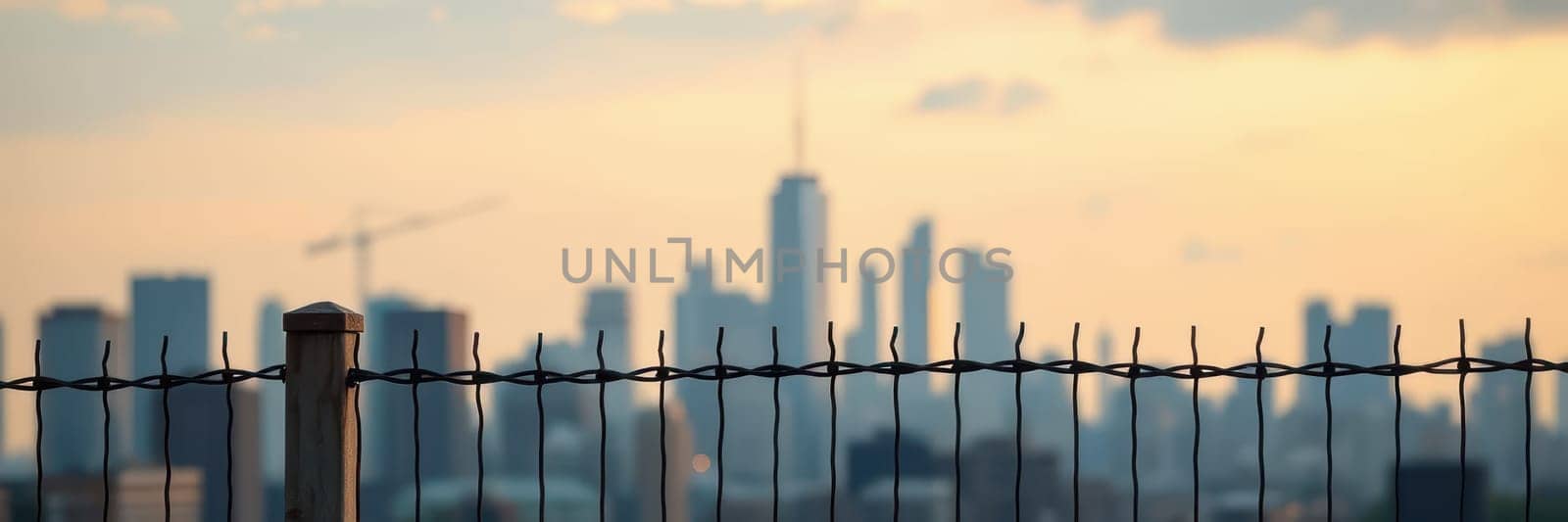 A wire fence frames the foreground, contrasting against a blurred city skyline at sunset. The soft glow of the setting sun illuminates the buildings, creating a serene atmosphere.