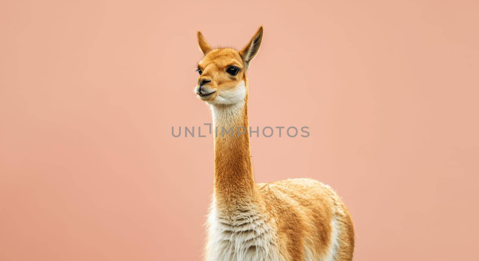 Vicuna standing against a pastel peach background, its slender neck and soft brown fur. the minimalist setting emphasizes its elegance and beauty, ideal for nature or wildlife-focused designs.