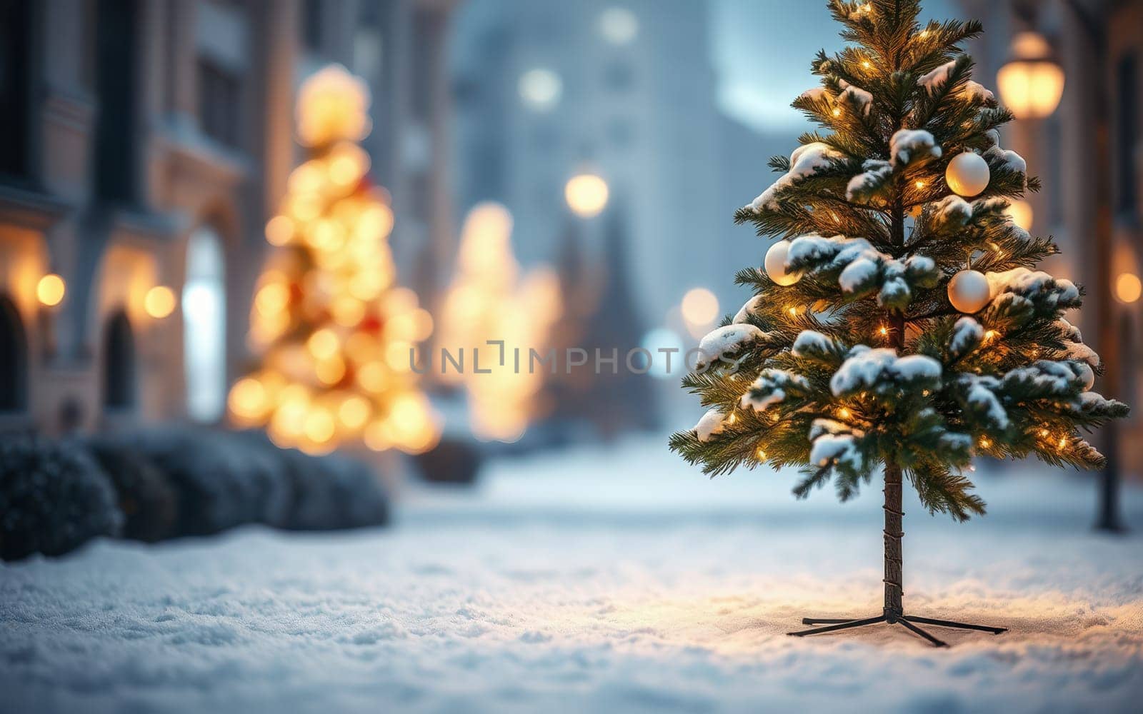 Snow-covered pine trees illuminate a winter street lined with soft yellow lights. The scene captures the cozy holiday spirit, inviting passersby to enjoy the enchantment of the season.