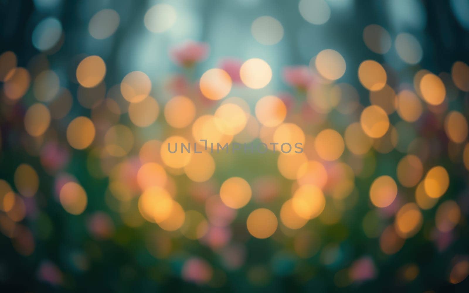 Colorful flowers are softly illuminated in a natural setting, surrounded by gentle light and a tranquil atmosphere. Early morning creates a peaceful ambiance in this floral landscape.
