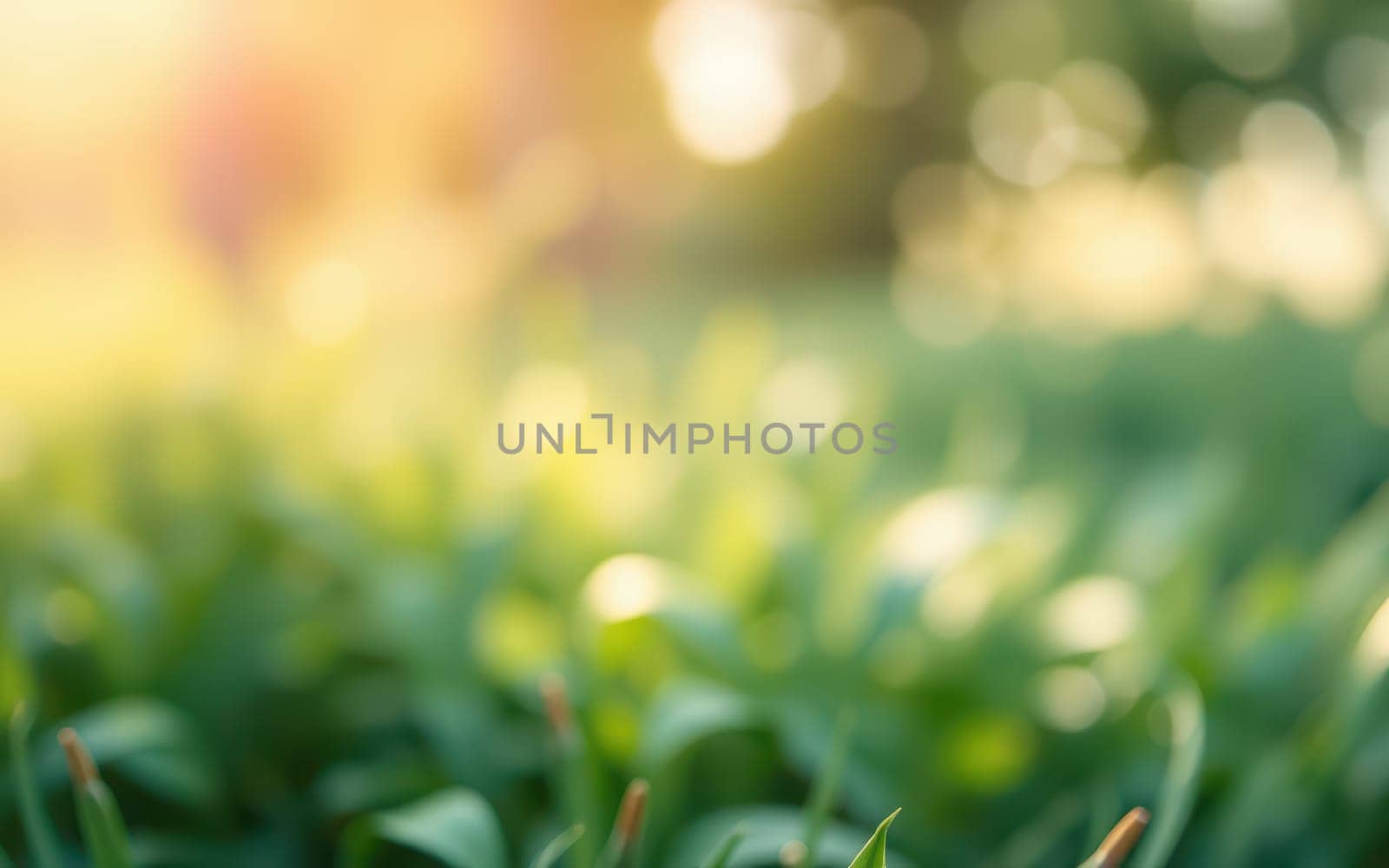 Bright green grass stretches across the ground, illuminated by warm sunlight filtering through trees in the late afternoon. Gentle bokeh creates a serene atmosphere.