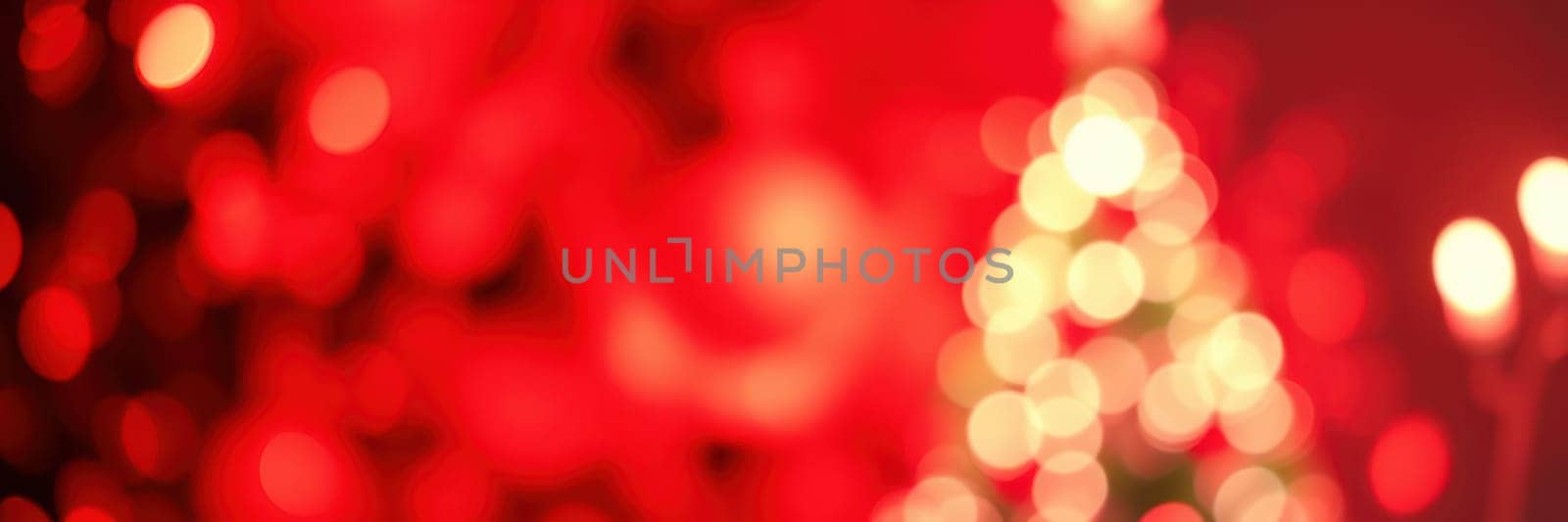 Warm red and gold lights twinkle in a community space, capturing the festive spirit of the holiday season. Families gather to celebrate, surrounded by decorations and cheer.