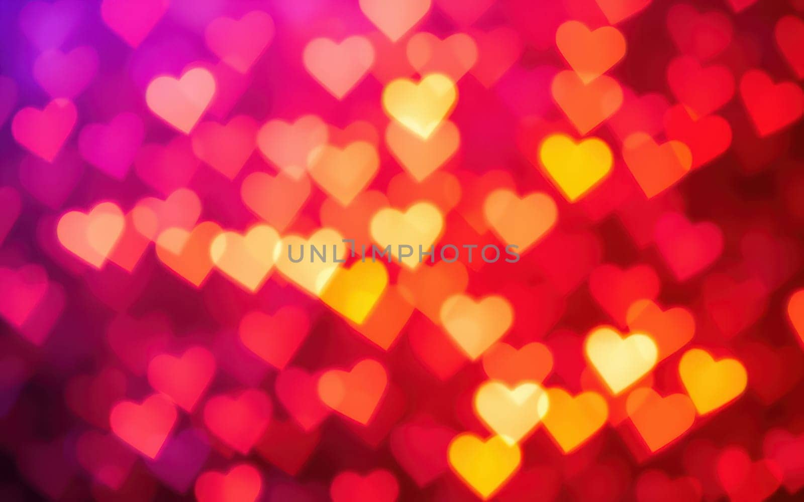 Vibrant heart-shaped bokeh lights fill the background, creating a warm and romantic atmosphere ideal for celebrations like anniversaries or Valentine’s Day gatherings.
