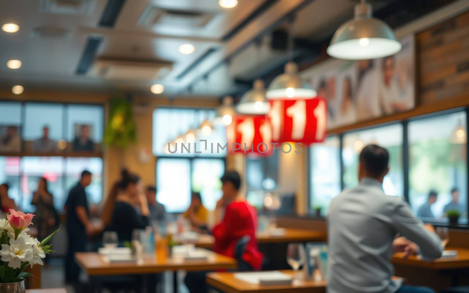 In a busy restaurant filled with people, guests enjoy their meals at wooden tables adorned with flowers. Warm lighting creates an inviting atmosphere as staff serve dishes.