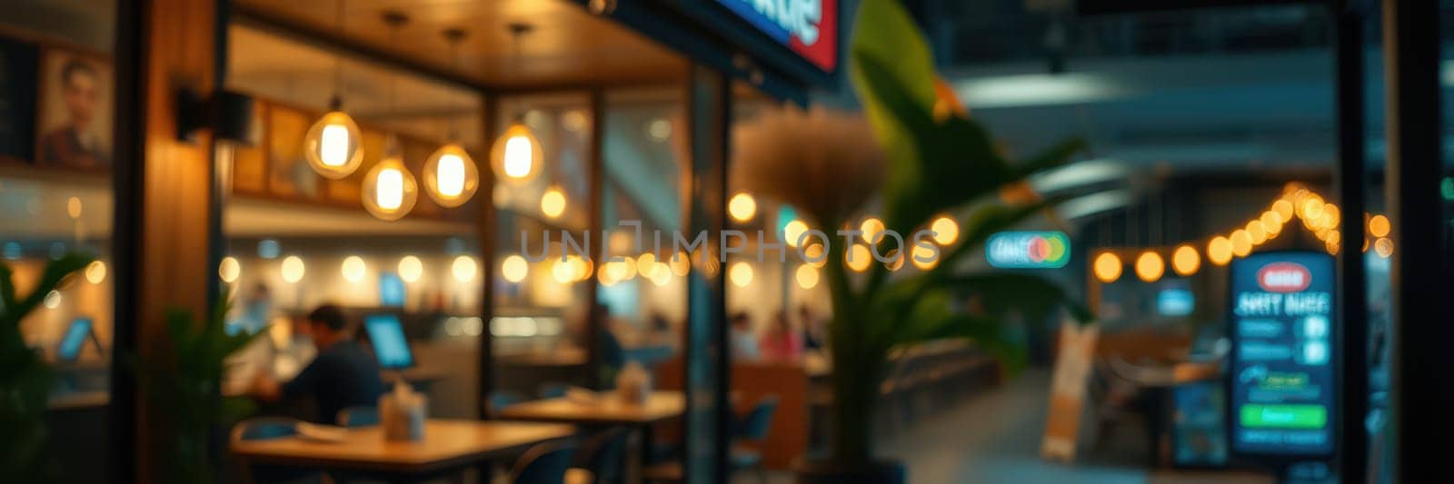 A cozy cafe features warm lighting and modern decor, filled with people enjoying beverages and working on laptops, creating an inviting atmosphere during the evening.