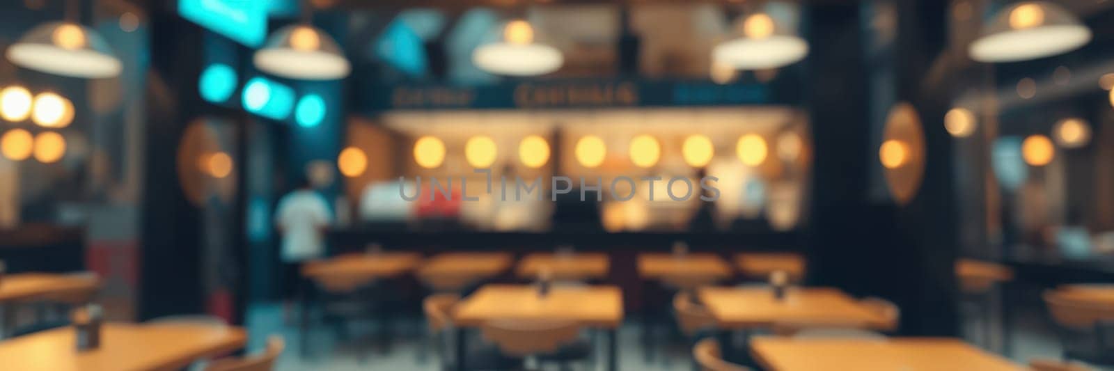 A bustling restaurant showcases diners at tables, illuminated by soft golden lights. The cozy ambiance invites guests to savor their meals and socialize.