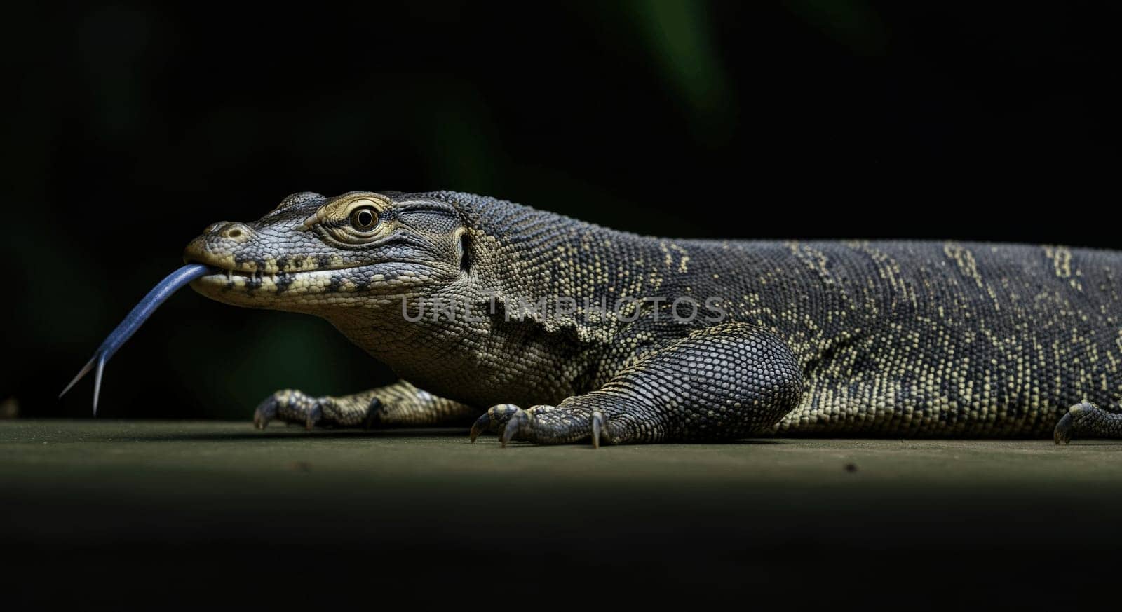 Asian water monitor lizard lies on a surface, its textured skin highlighted under natural light. the lizard's tongue is partially extended, showcasing a moment in its natural behaviors amid a dark, blurred background.