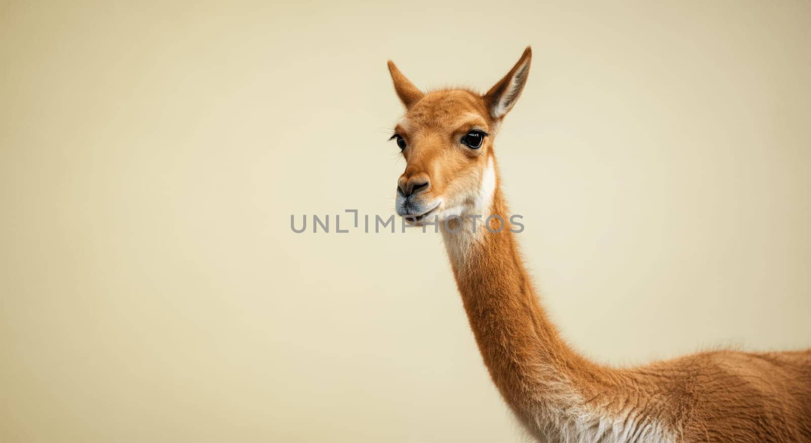 A close-up portrait of a vicuna with a neutral background, its elegant features and soft brown fur. ideal for wildlife conservation and nature-themed designs focusing on south american fauna.