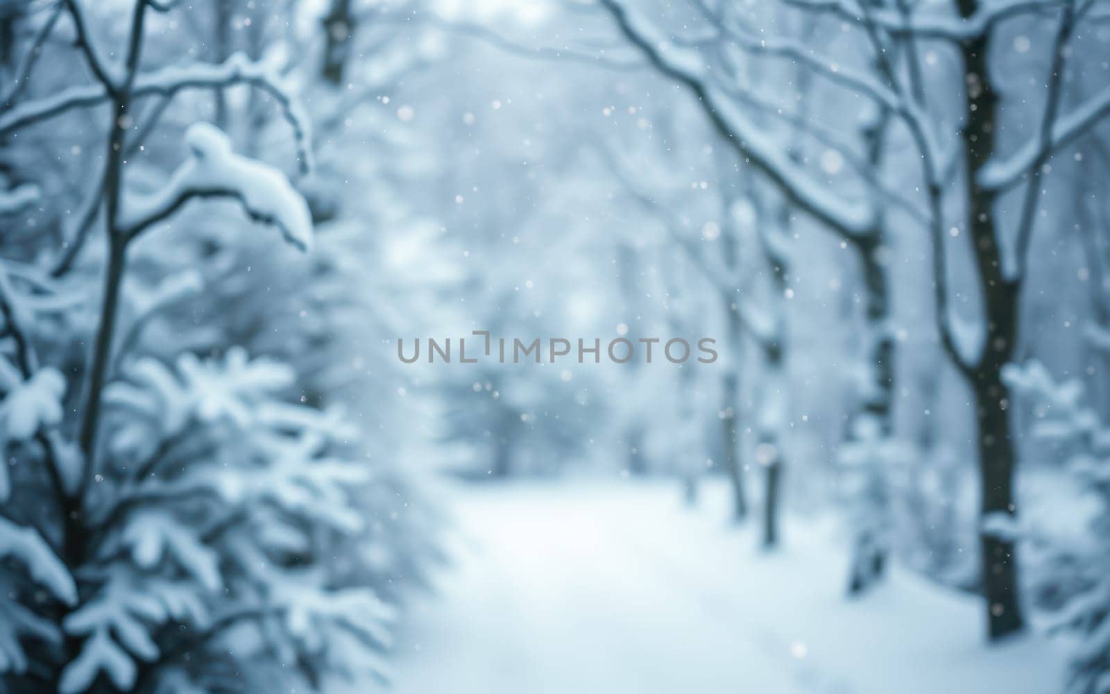 Snow covers the ground and branches in a serene forest, where soft snowflakes fall gently through the air, creating a peaceful winter atmosphere.