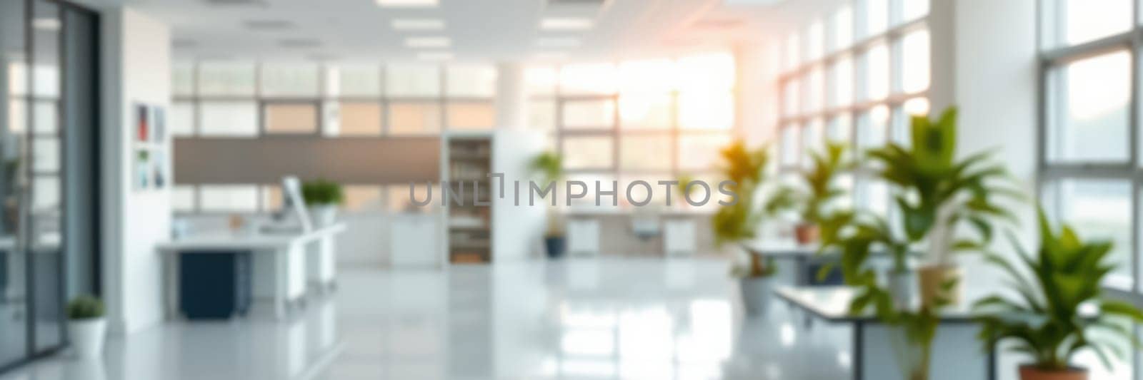 A spacious office features bright sunlight streaming through large windows, illuminating workstations and plants, creating a vibrant and productive atmosphere.