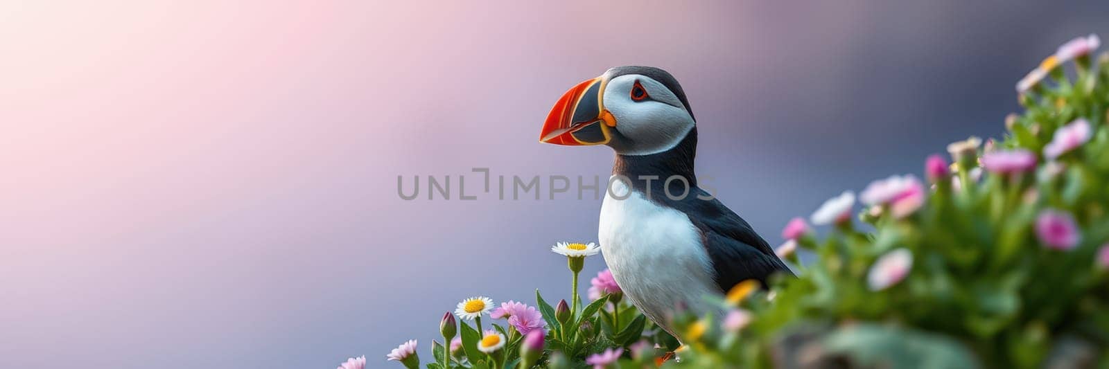A puffin perches on a lush, flower-covered cliff as the sun sets, painting the sky in soft colors. This moment captures the beauty of nature and wildlife.