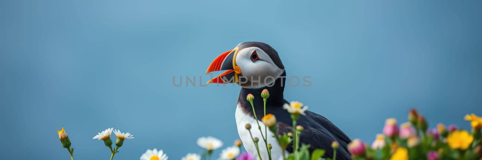 A puffin stands among blooming flowers on a coastal cliff, gazing towards the blue ocean under a clear sky, enjoying the warm sunlight of a summer day.