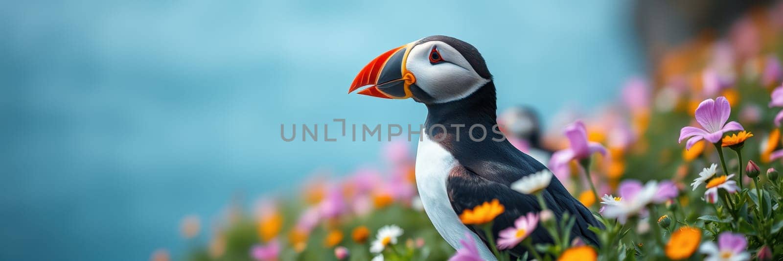 A puffin is perched among vibrant wildflowers at the edge of a cliff, overlooking a calm blue ocean. The sun shines on the scene, creating a picturesque moment in nature.