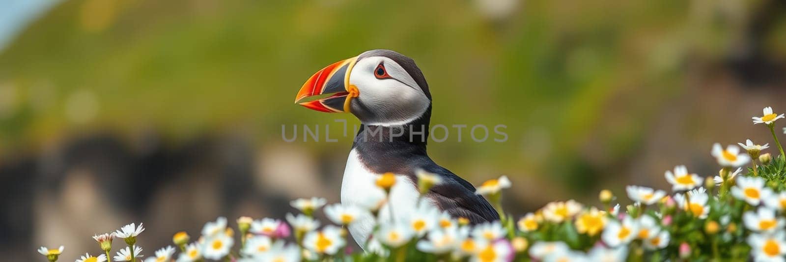 A puffin stands proudly on top of a lush bed of wildflowers, displaying its vibrant beak. The sunny coastal landscape highlights the bird's unique features and colors.