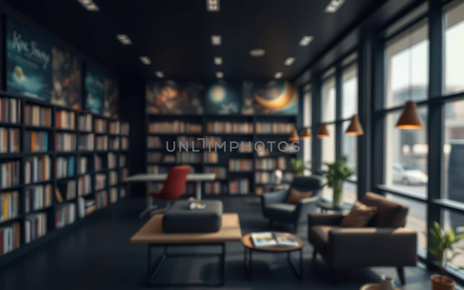 A modern library showcases large bookshelves filled with various titles. Comfortable chairs and tables provide spaces for reading and studying. Large windows illuminate the cozy atmosphere.