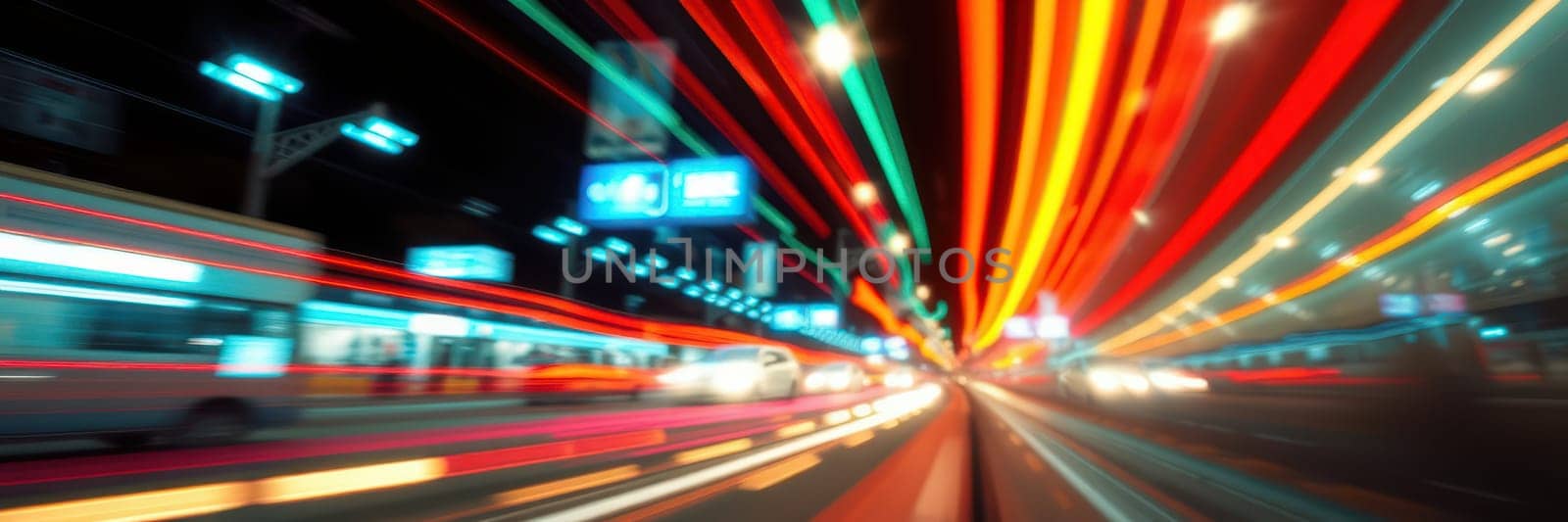 Colorful streaks of light illuminate a bustling street at night as vehicles move quickly, capturing the energy of urban life during a busy evening.