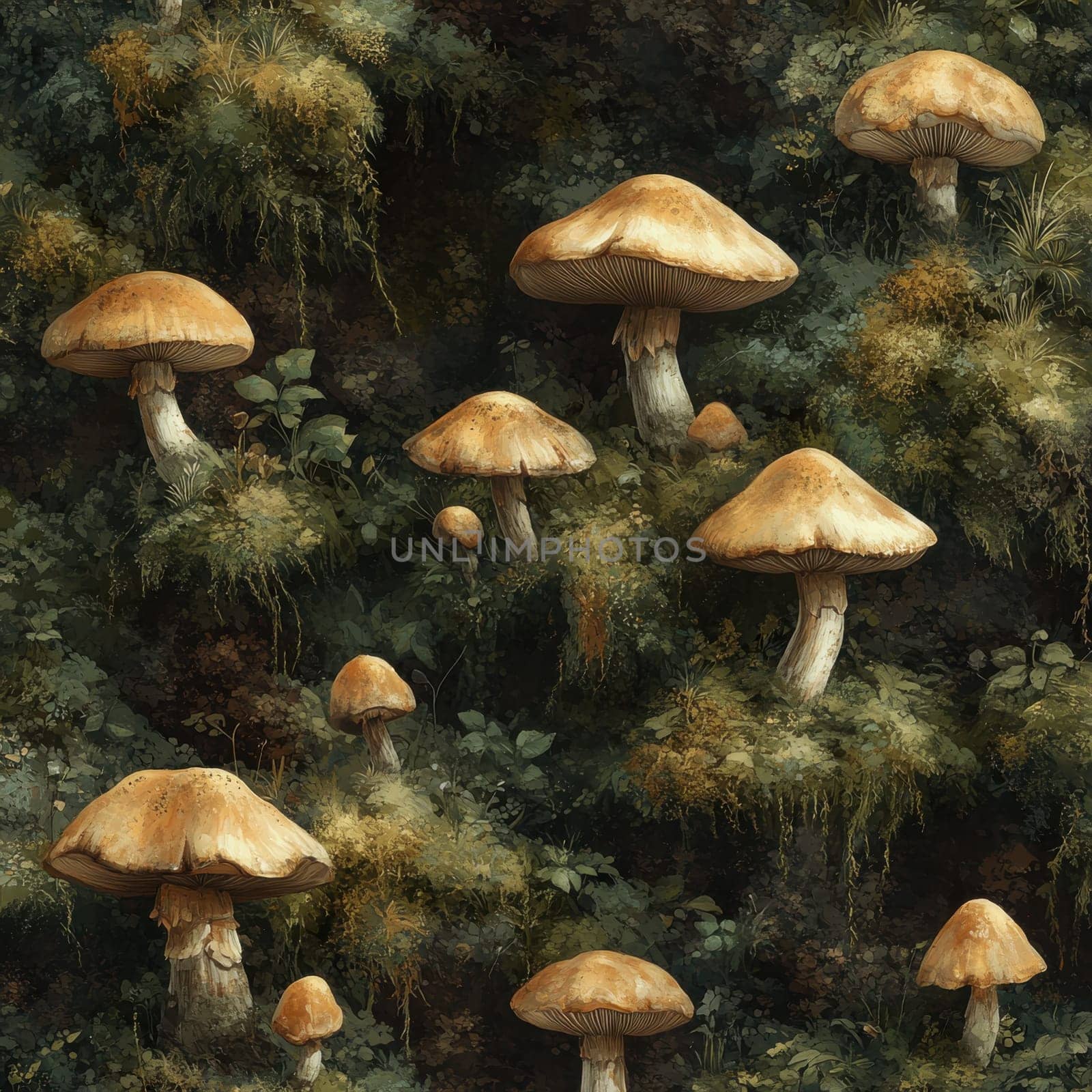 Explore a captivating scene of various forest mushrooms thriving in their lush green habitat celebrating nature's diversity.