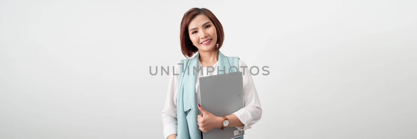 Banner of corporate woman holding clipboard at work, standing in formal outfit over white background
