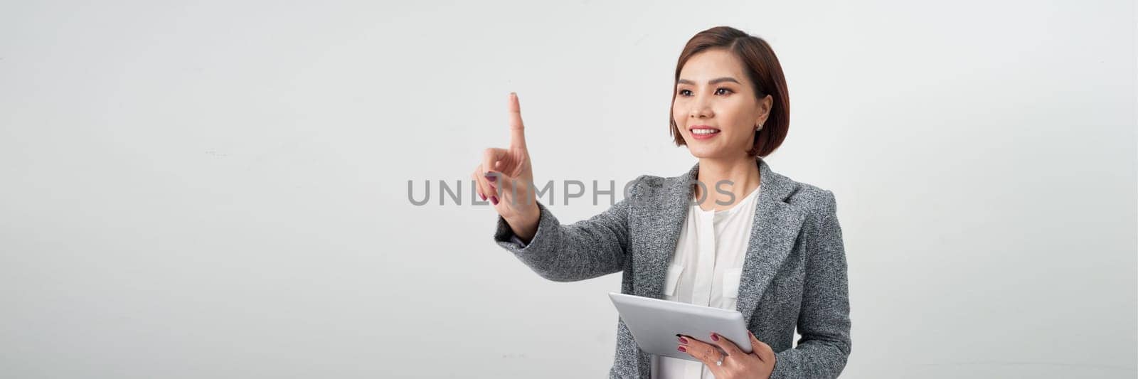 Banner of Isolated young business woman press something