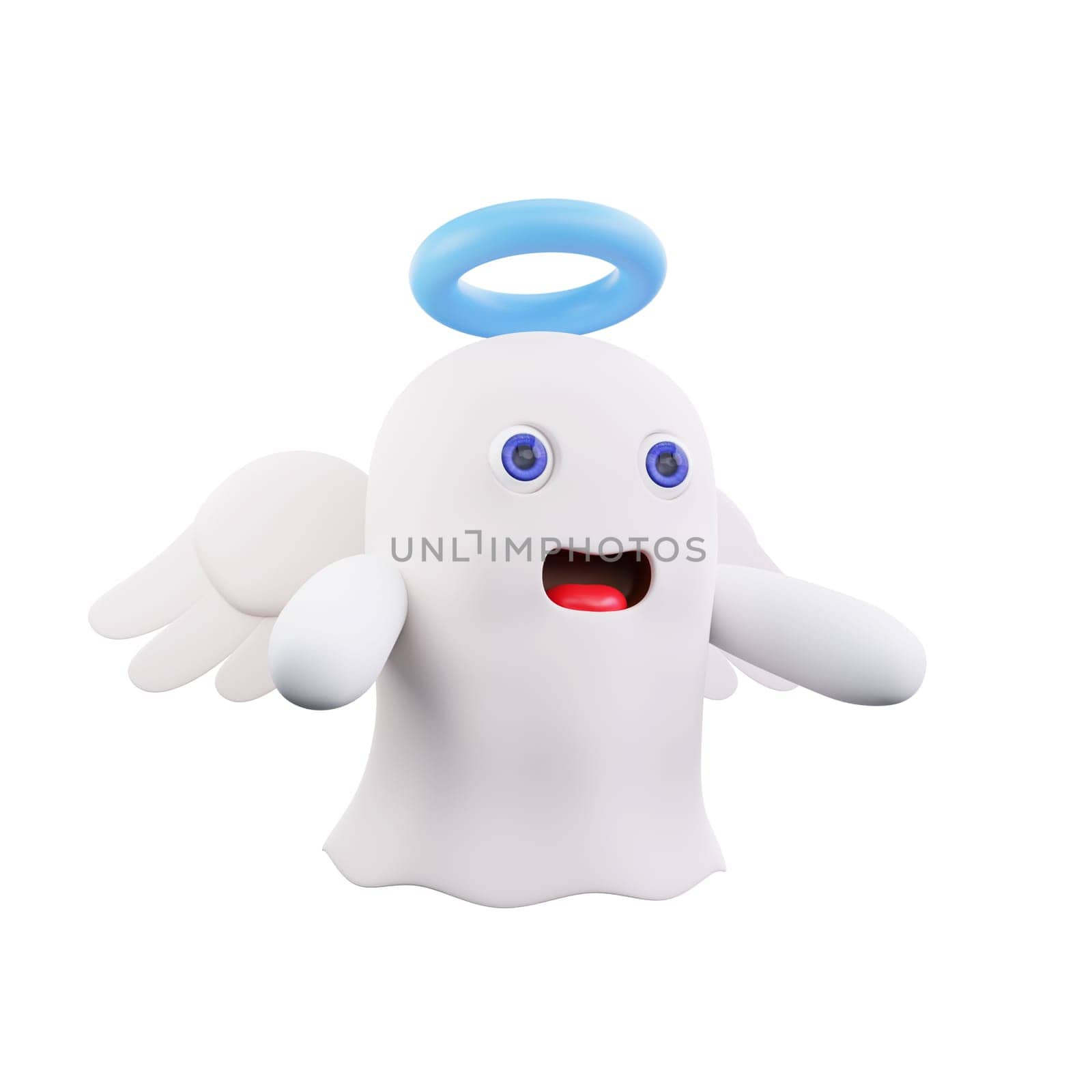 3D rendering of a cartoon ghost with a blue halo and white wings. Perfect for the Halloween season