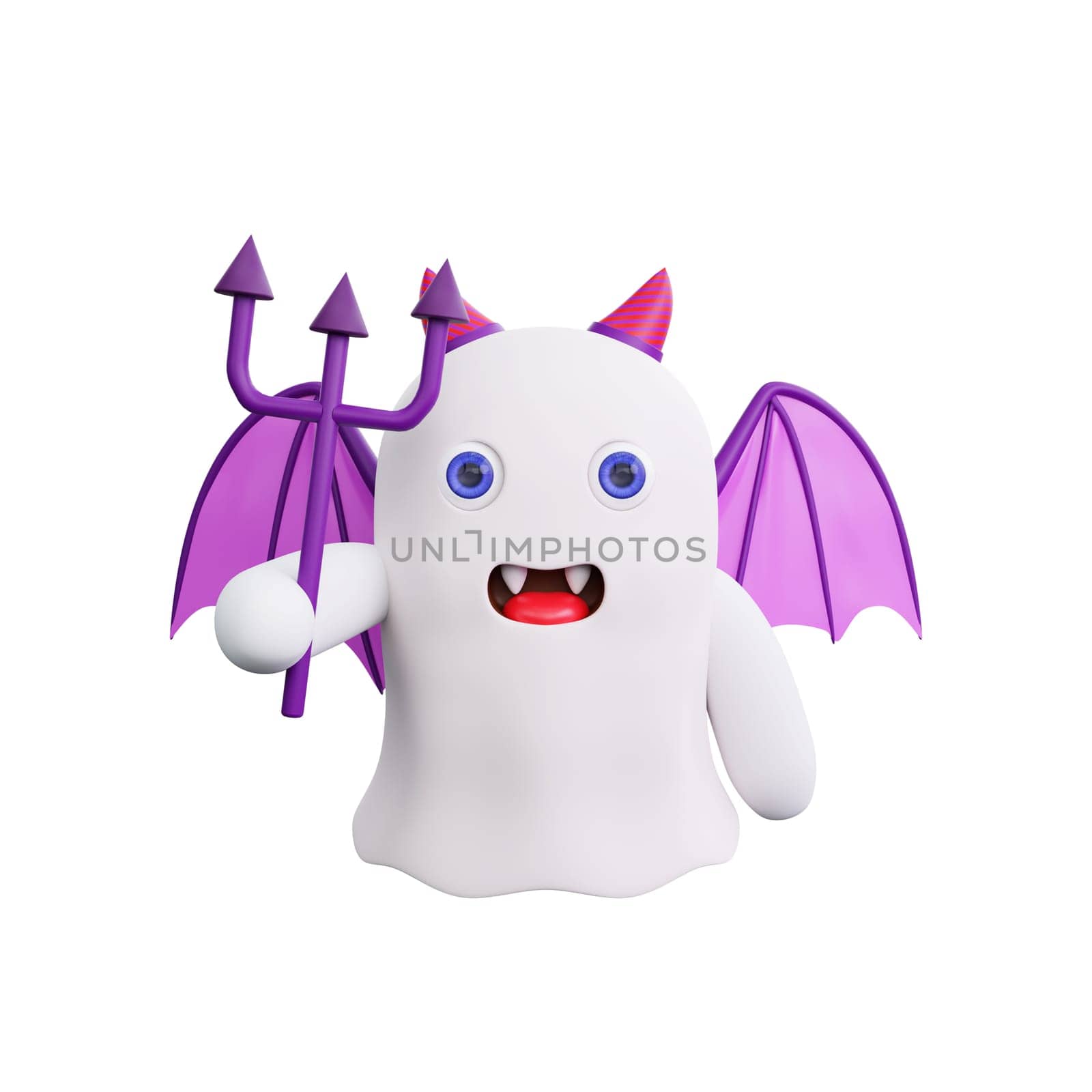 3D cartoon ghost with devil costume,purple bat wings and a trident. Perfect for the Halloween season