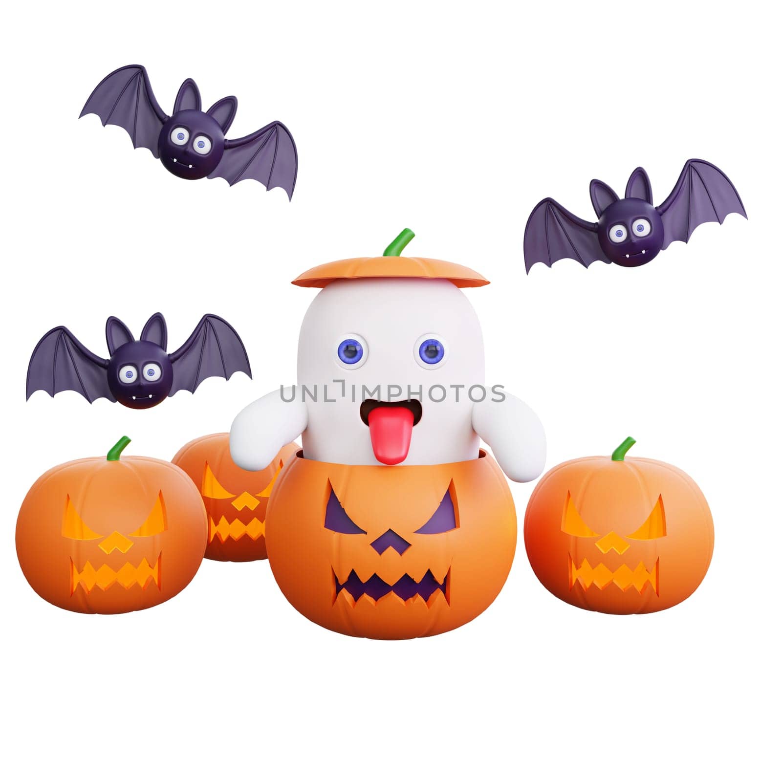 3D playful ghost inside a pumpkin, surrounded by pumpkins scary and flying bats. Perfect for the Halloween season