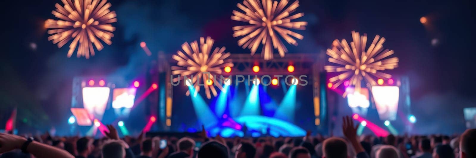 A vibrant festival atmosphere with a large crowd enjoying a concert. Colorful fireworks burst in the night sky, enhancing the excitement and energy of the event.