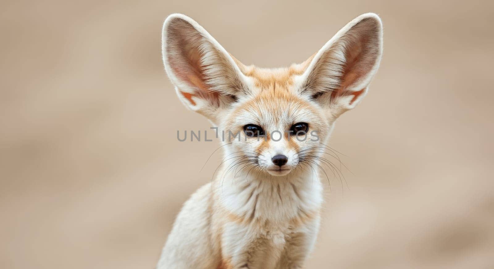 A fennec fox stands alert in its natural desert environment. distinctive for its oversized ears and light sandy fur, the fox's features are perfectly adapted for survival in arid landscapes.