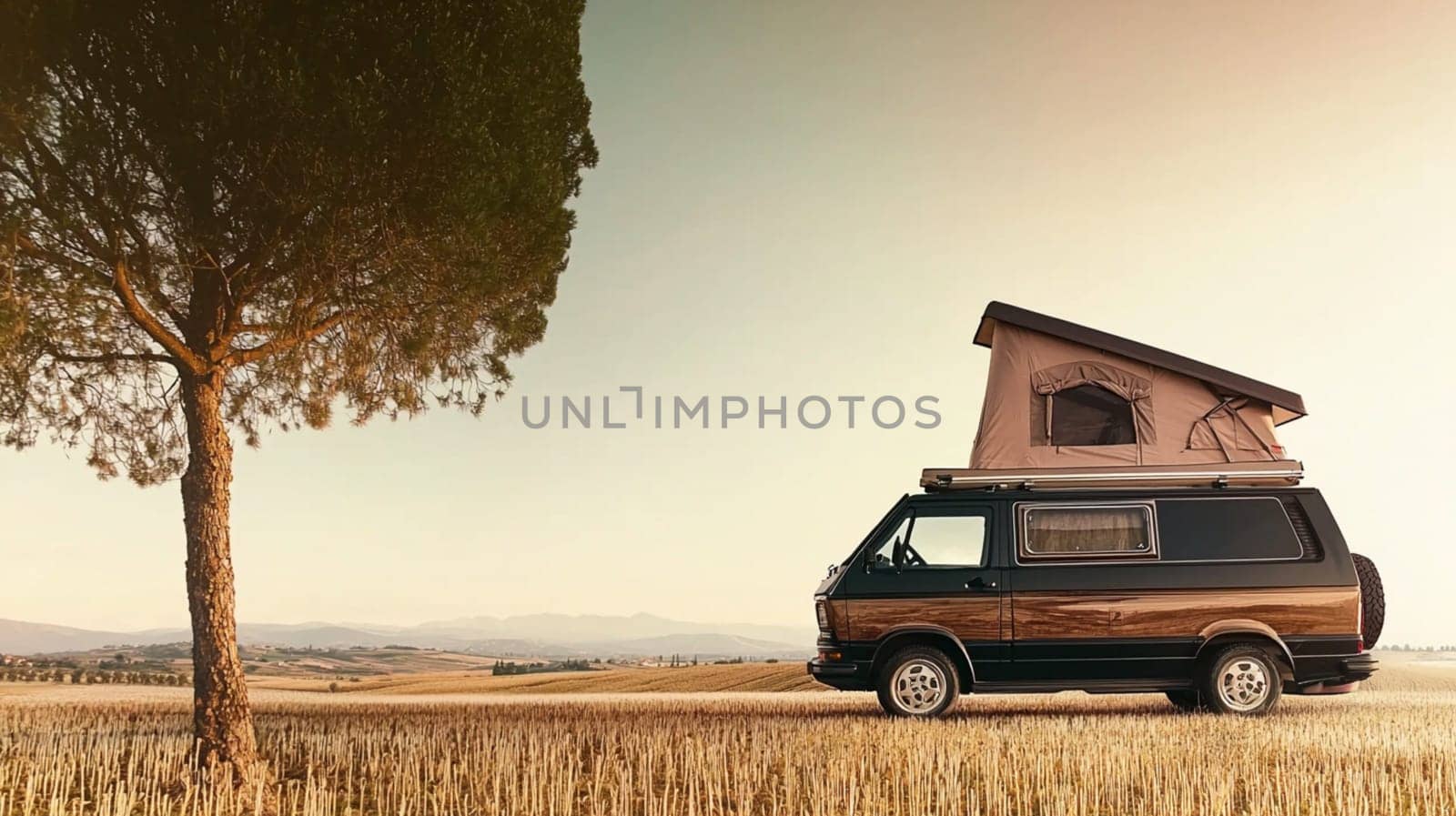 Sleek black camper van is parked in a field, its door open to reveal a cozy interior, inviting you to experience the freedom of the open road