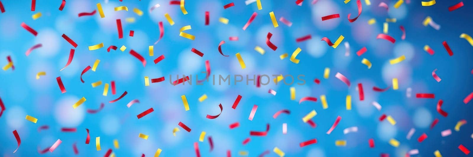 Colorful strips of confetti in red, yellow, and purple swirl through the air, adding excitement to a vibrant outdoor celebration on a sunny day.