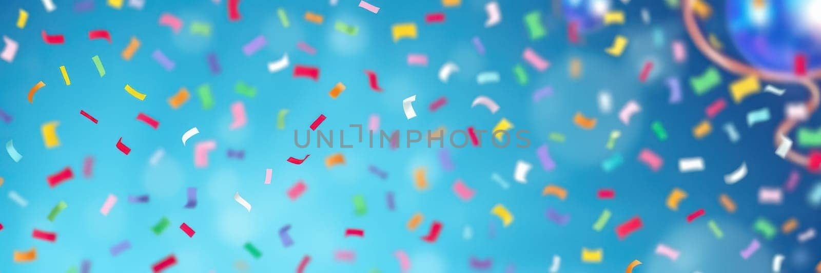 Brightly colored confetti floats through the air, adding a celebratory touch to a lively indoor party packed with joyful guests. The atmosphere is vibrant and festive.