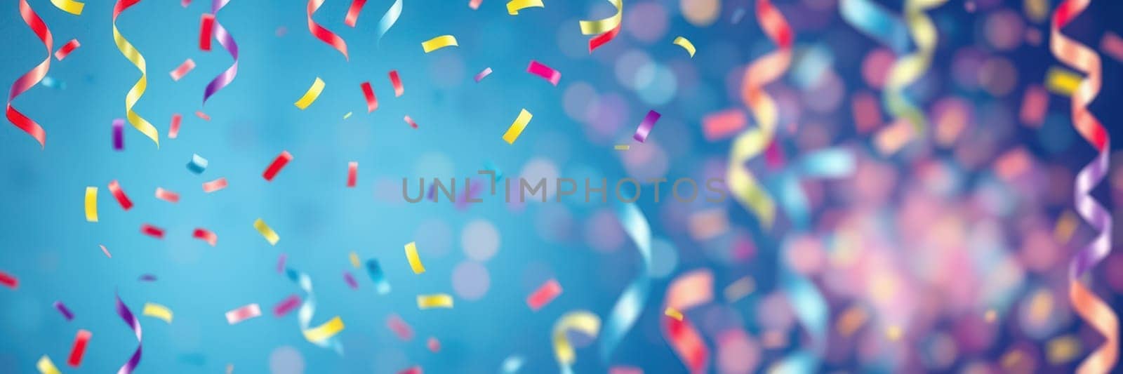 Streamers and confetti fall gracefully against a vibrant blue background, adding excitement to a celebration. The lively colors enhance the party atmosphere, inviting joy.