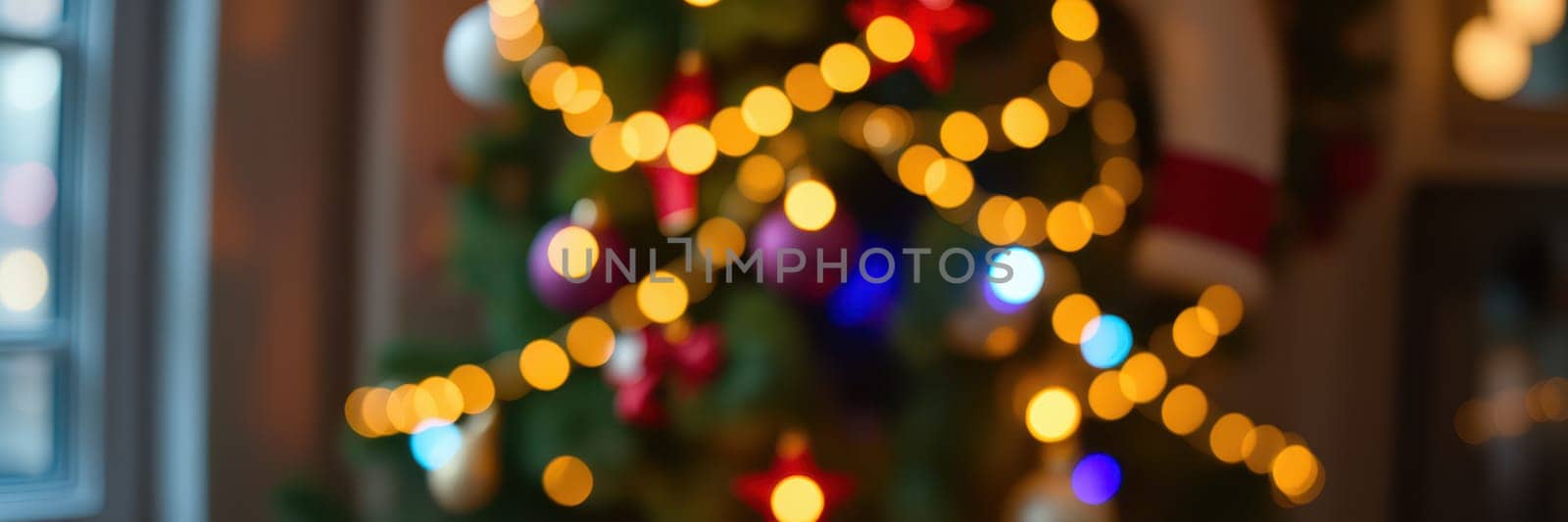 A festive environment features a Christmas tree adorned with twinkling lights and bright ornaments, setting a warm ambiance for the holiday season.