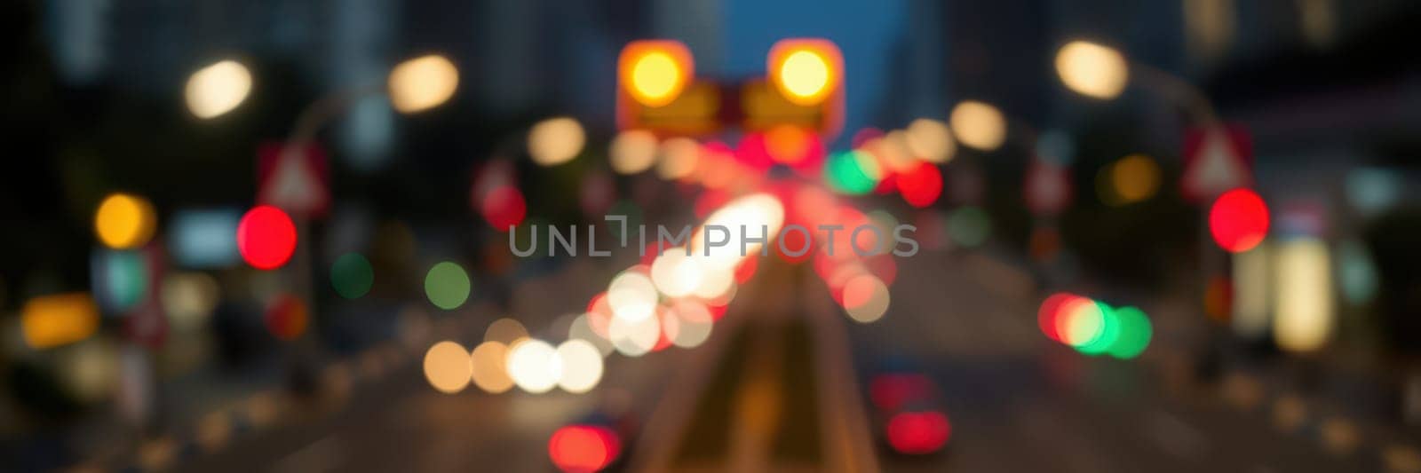 Busy urban road illuminated by colorful traffic lights at night. The blurred view creates a dynamic feel, capturing the energy of city life as vehicles move through the streets.